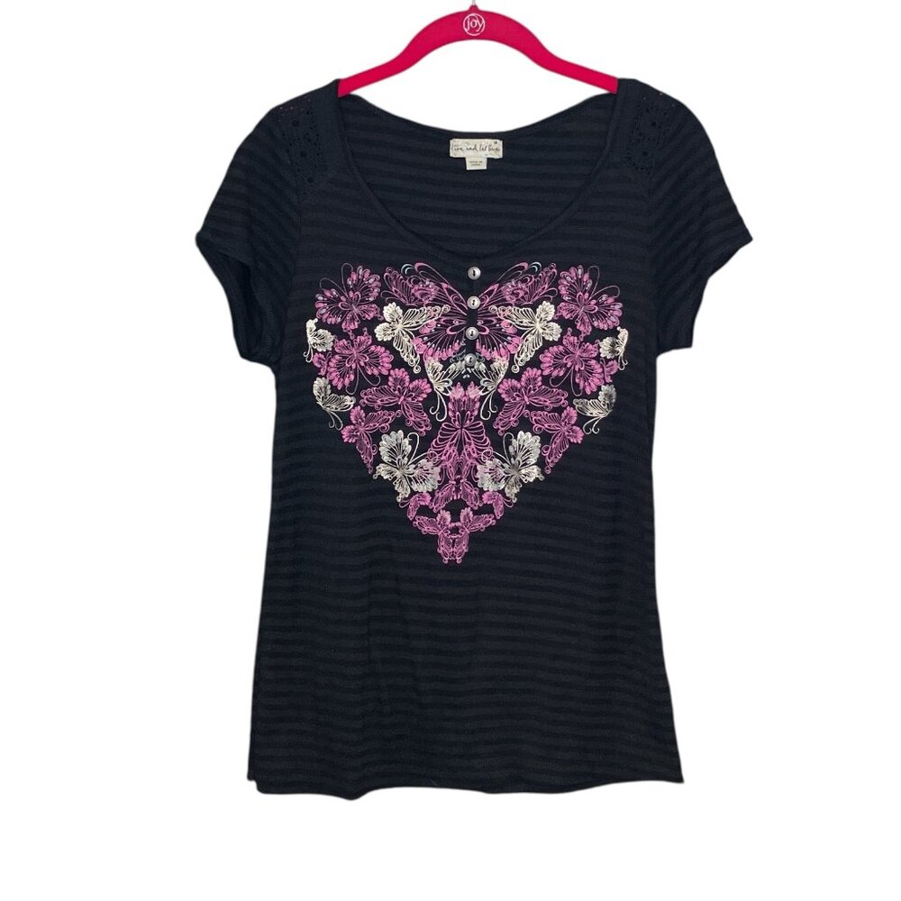 Vintage 00s Y2K Live And Let Live Medium Black Pink Butterfly Heart Henley Top